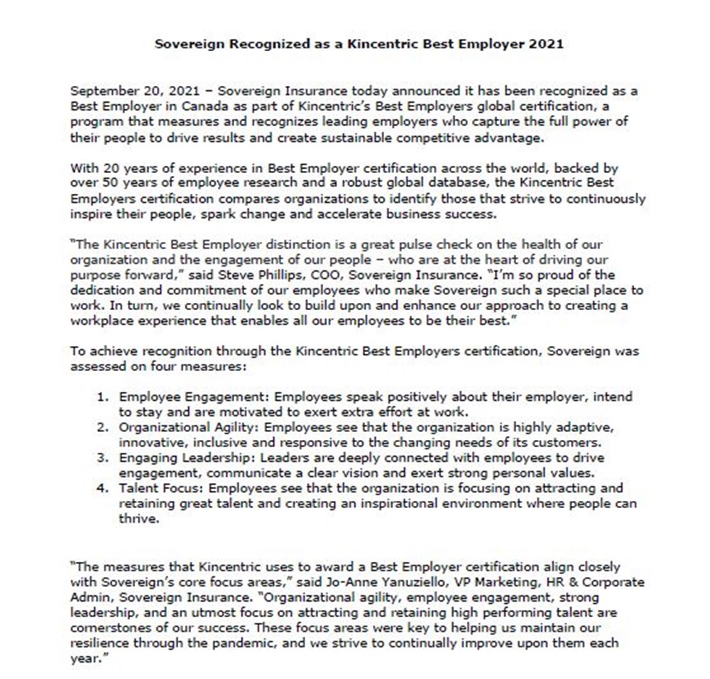 A screenshot of the Press release Sovereign Recognized as a Kincentric Best Employer 2021 in English